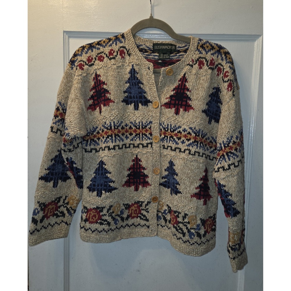 Vintage 90's Bushwacker Fair Isle  Christmas Tree Knit Button Cardigan Sweater M